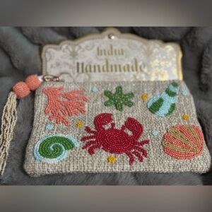 NWT Beaded Rafia Seashell Crab Beach Bag Travel Cosmetic with key chain